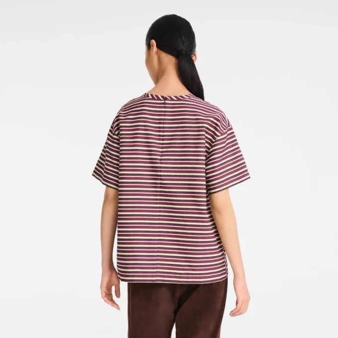 Burgunderrot – Gestreiftes Popeline-T-Shirt