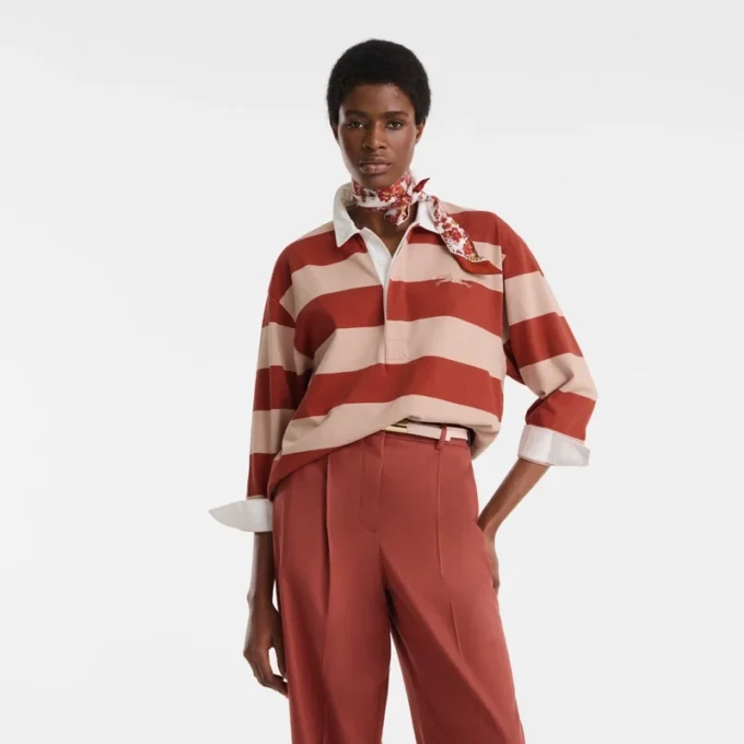 Creme/Koralle – Gestreiftes Jersey-Poloshirt