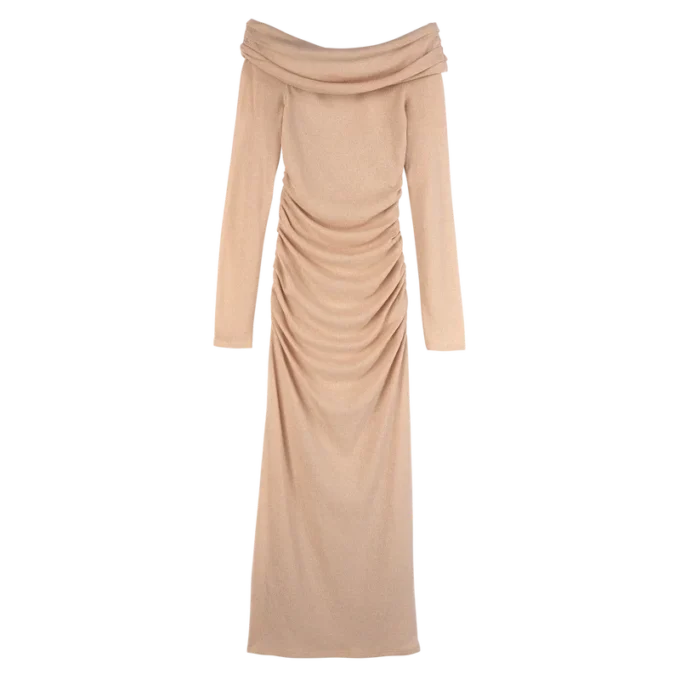 Cremefarbenes langes Kleid aus Crêpe-Jersey
