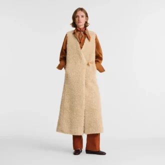 Ecru – Lange Strickjacke aus Kunstfell