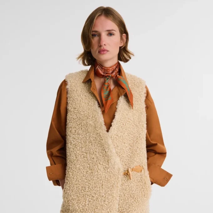 Ecru – Lange Strickjacke aus Kunstfell
