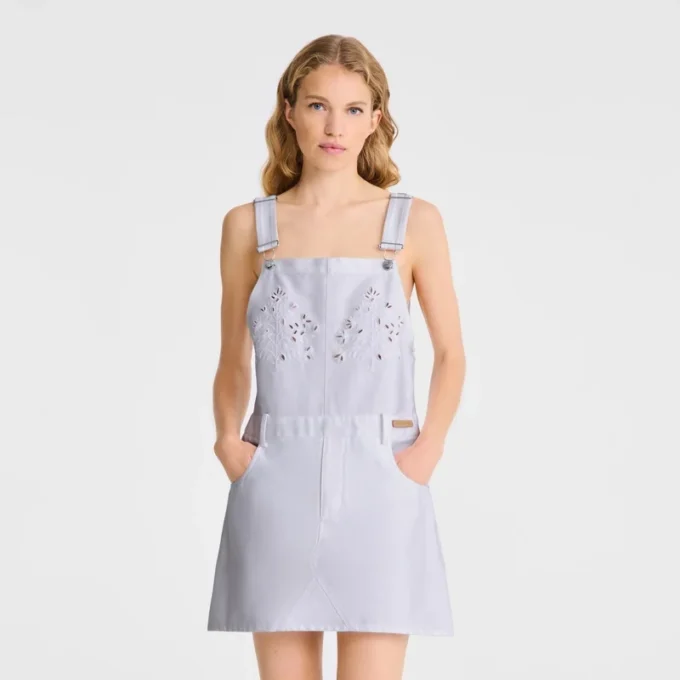 Weiß – Besticktes Gabardine-Kleid Weiß – Besticktes Gabardine-Kleid